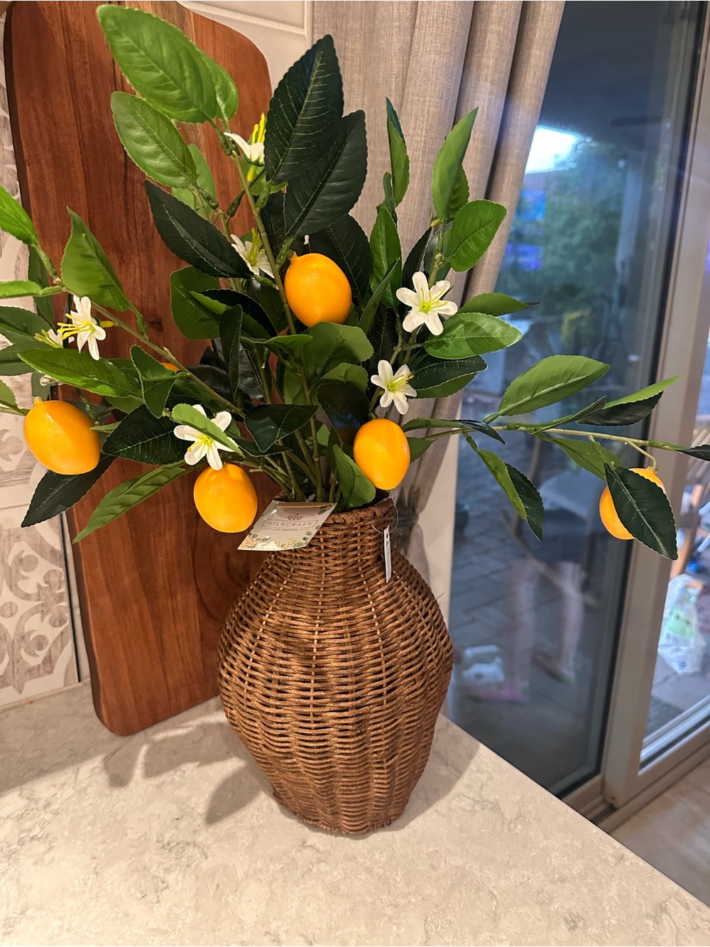 Artificial Lemon Branch Arrangement in Brown Woven Vase - Home Accents